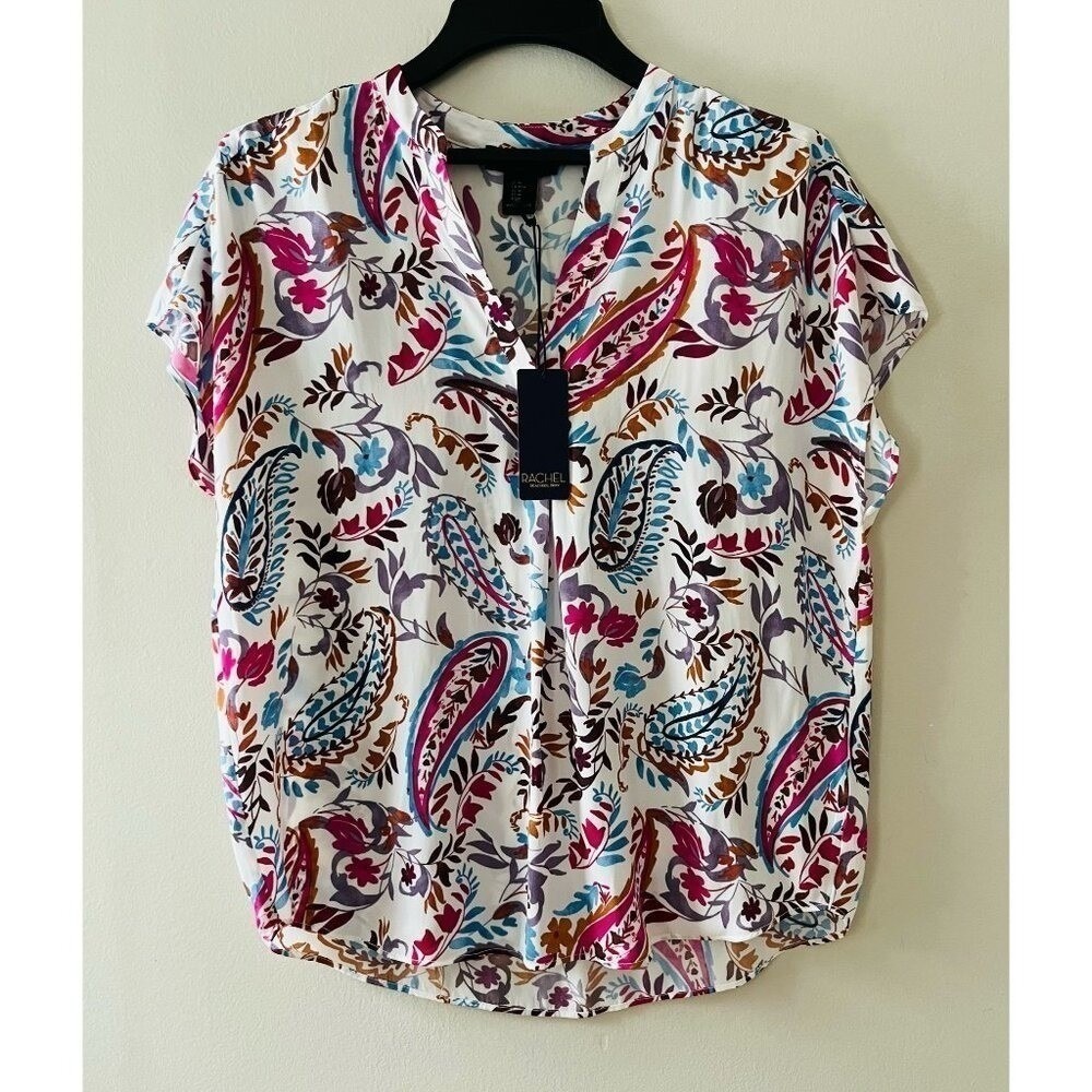Rachel Zoe Sz M Floral Print Casual Short Sleeve V Neck Pullover Blouse Top